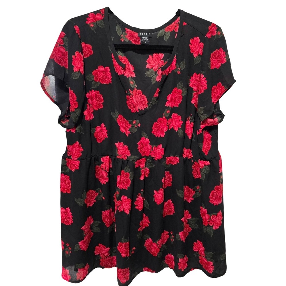PLUS 18‎ 20 BLOOMCHIC black red green roses wrap look blouse curvy top